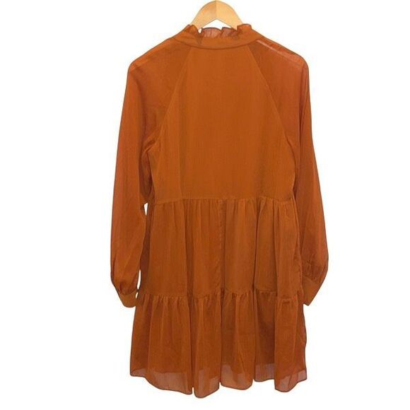 1.State Womens Split Neck Tiered Long Sleeve Lined Babydoll Mini Dress Burnt Ora - Picture 4 of 9